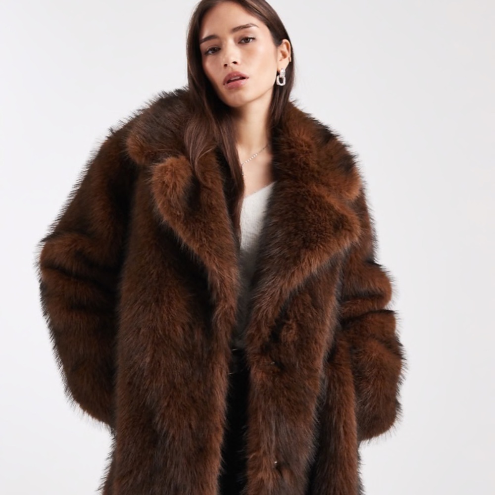 ASOS DESIGN longline faux fur belted jacket in chocolate